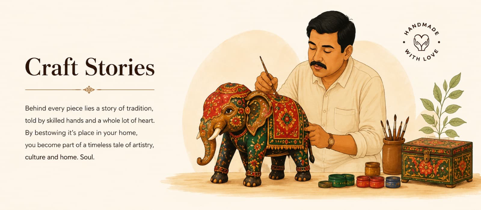 Artisan hand-painting a wooden elephant