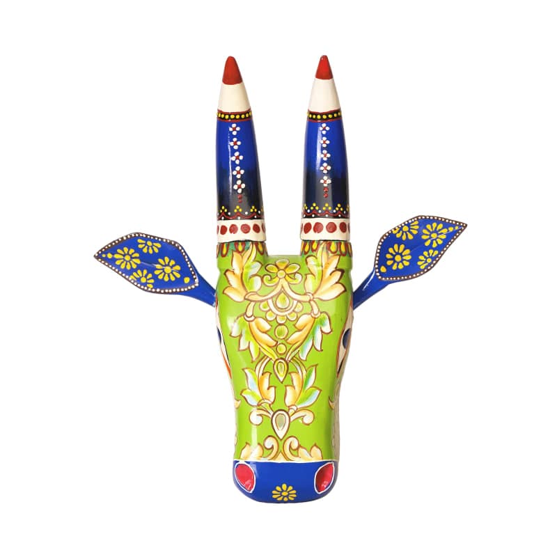 Cow Head, Wall Mount — Handcrafted in Jodhpur, Rajasthan - Green & Peacock Blue