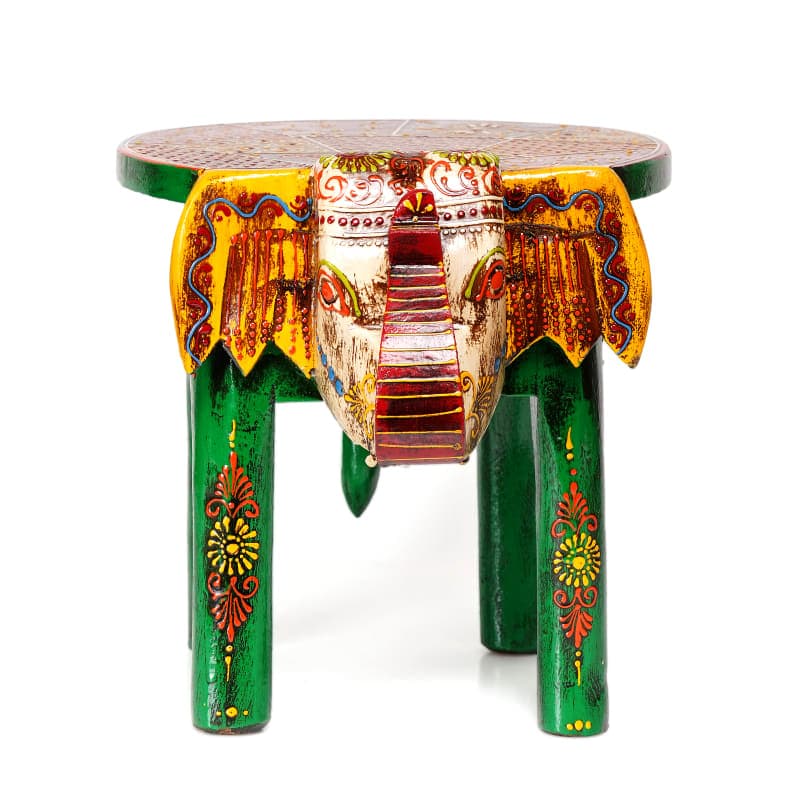 Gajraj – Handcrafted Elephant Stool 10 inch | Rajasthani Folk Art — Green & Yellow