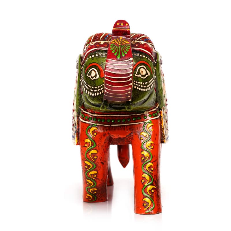 Gajraj — Handcrafted Rajasthani Lac Elephant ((Up-Tusk; 6") — Orange & Green