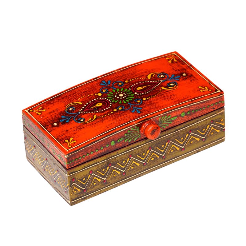 Hand-Painted Jewelry Box — Orange Lid; Olive Body